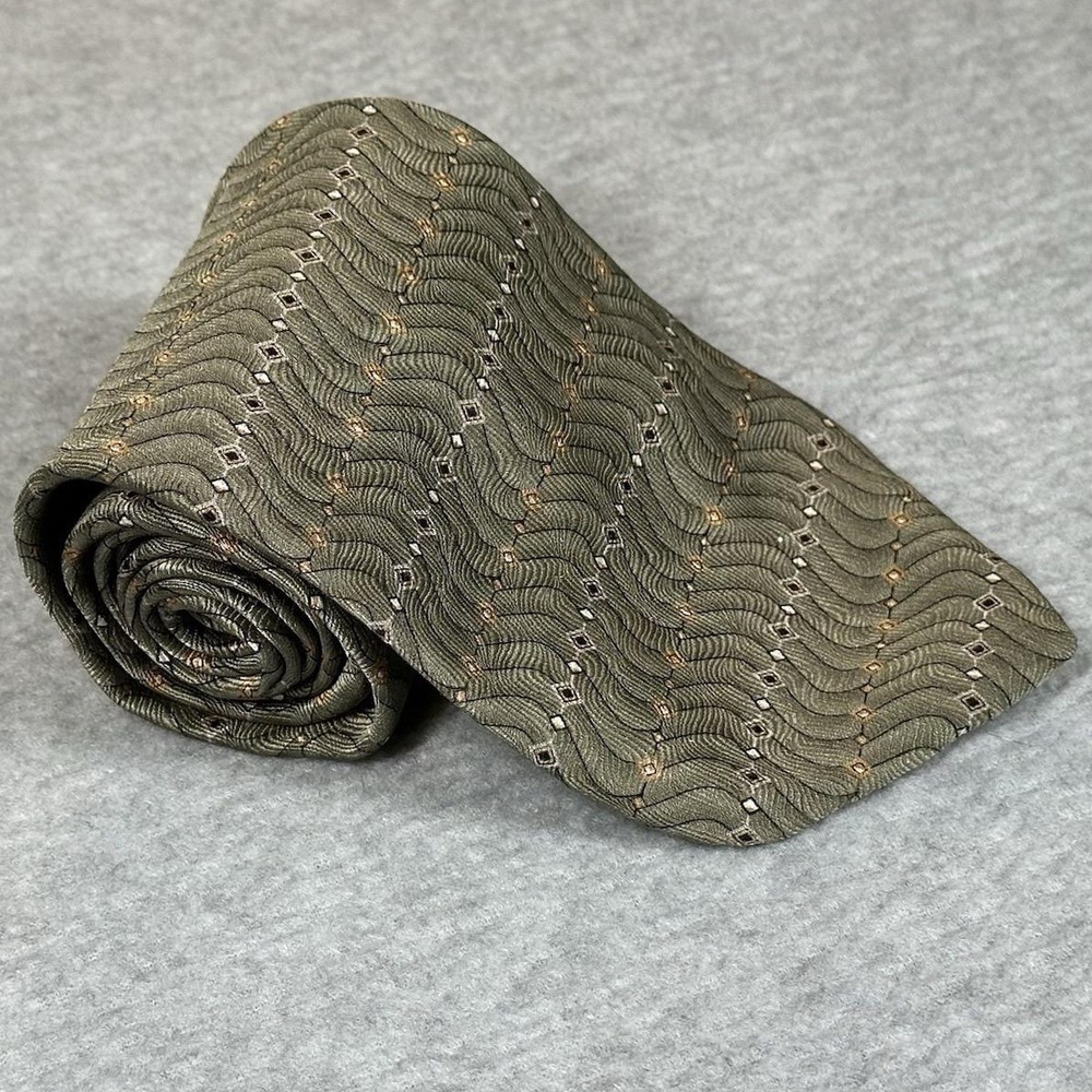 Bill Robinson Son Silk Tie Olive Gold Geometric Vintage USA Classic 58x4in